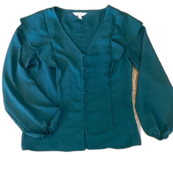 Nine West V-Neck Ruffle Button Down Blouse Forest Green Women’s Size Medium - Picture 1 of 6
